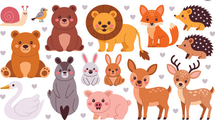 Fototapeta premium Cute Woodland Animal Character Set with Bear Lion Fox Rabbit Deer Swan Hedgehog and Forest Wildlife Illustration