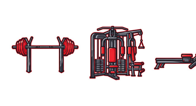 Set of gym equipment icons including barbell rack, multifunctional cable machine, and rowing machine