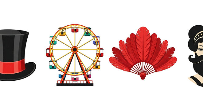 Set of circus and carnival icons including top hat, ferris wheel, red feather fan and bearded lady