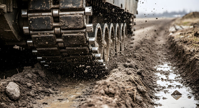 Military tank tracks moving through muddy terrain  