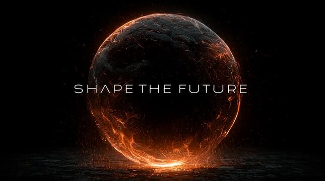 Molten glass being shaped by invisible force, glowing orange reflections, giant centered typography reading &ldquo;SHAPE THE FUTURE,&rdquo;