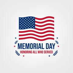 Fototapeta premium Memorial day honoring all who served USA flag vector illustration, America patriotic national holiday remembrance concept, decorative leaves and stars around typography.
