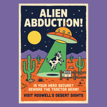 Vintage Comic Style Alien Abduction UFO Desert Poster