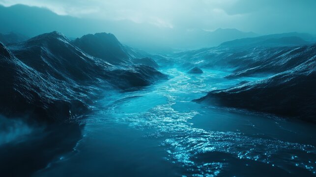 Misty mountain valley river landscape, ethereal blue tones, tranquil scene