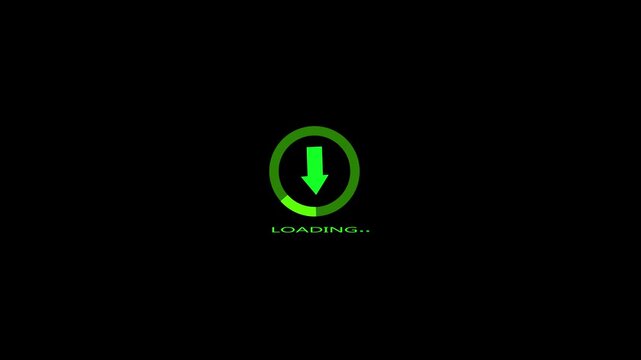 Bright download progress animation. Round loading bar with arrow icon on black background, rotating loading bar with a downward arrow icon, animated round loading video icon.
