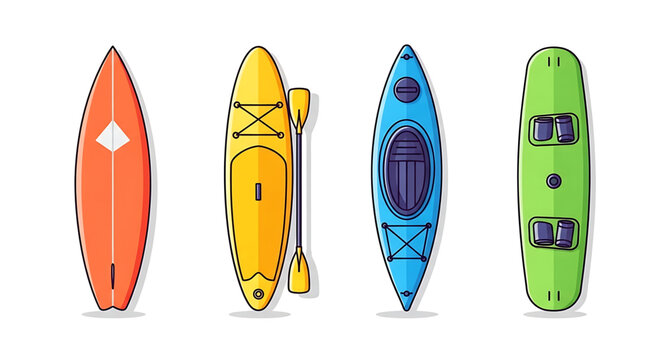 Set of water sports equipment, surfboard, paddle board with paddle, kayak and inflatable boat