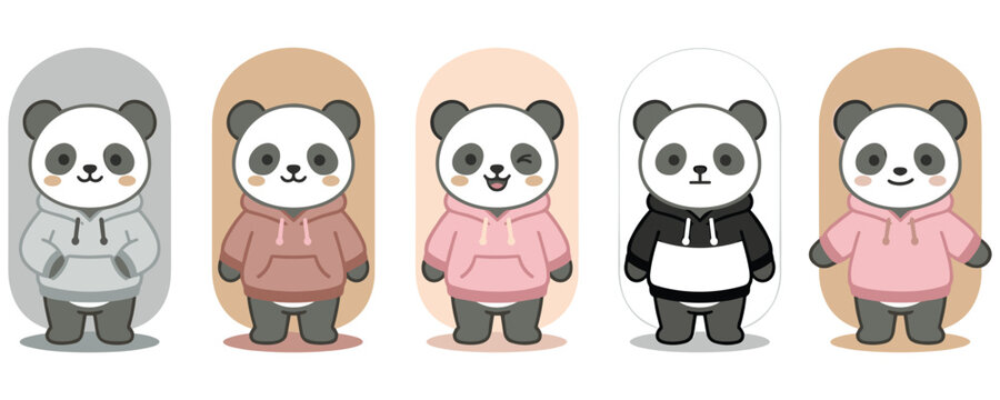 Set of cute panda characters wearing colored hoodies standing alone.