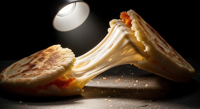 Delicious stuffed corn arepa with long melted cheese stretch and spotlight on black background