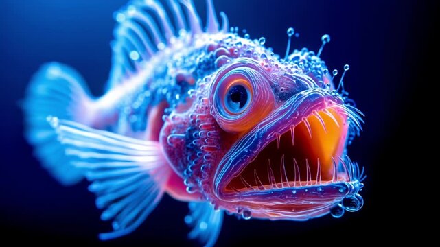 Glowing Deep Sea Monster Fish with Sharp Teeth and Bioluminescent Blue Skin