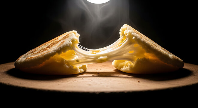 Hot arepa with melting stretchy cheese pulled apart on wooden board