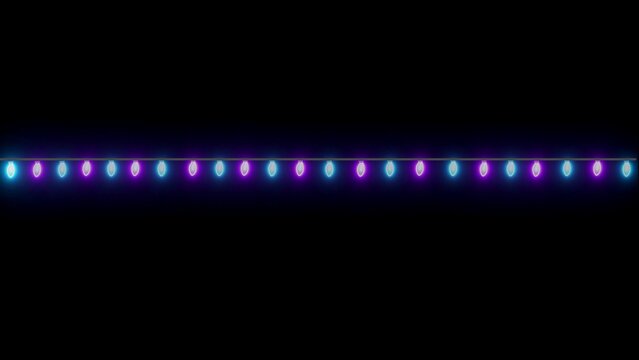 A single horizontal string of alternating blue and purple glowing led fairy lights isolated on a deep black background, modern festive decorations or vibrant party lighting ideas