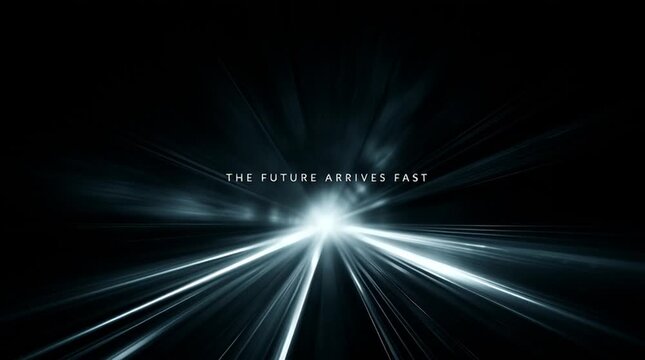 Underground metro tunnel with approaching train lights emerging from darkness, giant centered typography reading &ldquo;THE FUTURE ARRIVES FAST,&rdquo;
