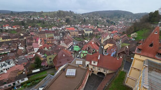 Morning aerial panorama of Sighisoara city in Romania