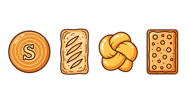 Set of different types of cookies and biscuits, including round, rectangular, and braided shapes
