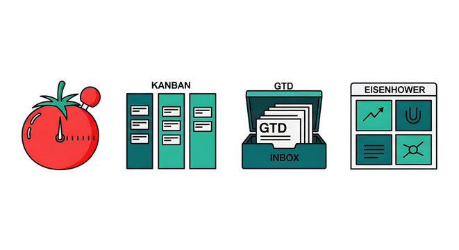 Set of time management and productivity icons including pomodoro, kanban, gtd, and eisenhower matrix