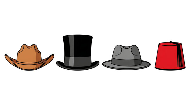 Set of various classic hats including cowboy hat, top hat, fedora, and red fez