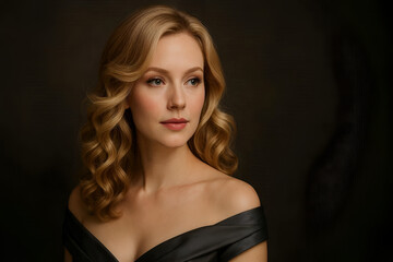 Naklejka premium Elegant Blonde Woman With Vintage Wavy Hairstyle Wearing Black Evening Dress in Dramatic Studio Lighting for World Blonde Day Beauty Campaign