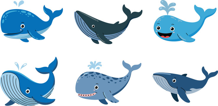 Cute Cartoon Blue Whale and Humpback Character Set with Water Spouts for Children Biology Education, Marine Wildlife Protection, and Sea Theme Designs