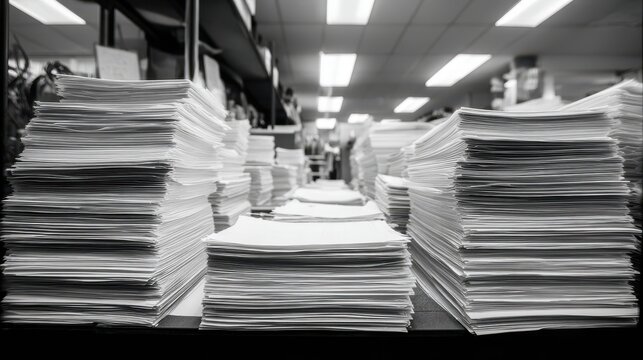 Document stacks piling high in office environment business black and white photography overhead view paperwork and organization.