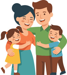 Fototapeta premium A happy family of four, with parents and two young children, embracing and smiling, symbolizing love and togetherness