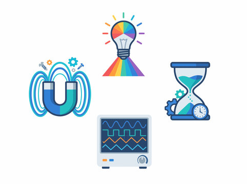 This image features various scientific symbols representing innovation, technology, and the fusion of human creativity with engineering and data analysis in modern society.