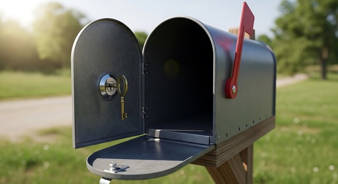Open black mailbox on wooden post.