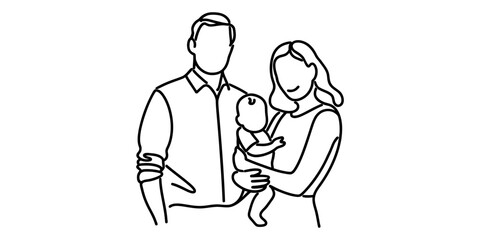 Fototapeta premium Simple line art of a happy family with a baby, father holding baby and mother standing next to them