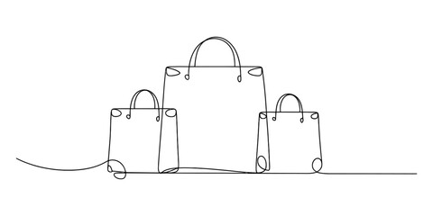 Three shopping bags of different sizes drawn in a continuous line art style © Bobita