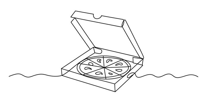 Open pizza box with a whole pizza inside, simple line art drawing Vector, illustration