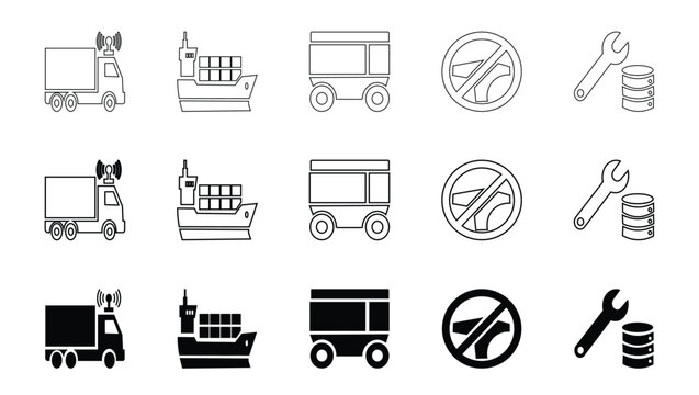 Autonomous freight and smart logistics icon set with stroke and solid vectors