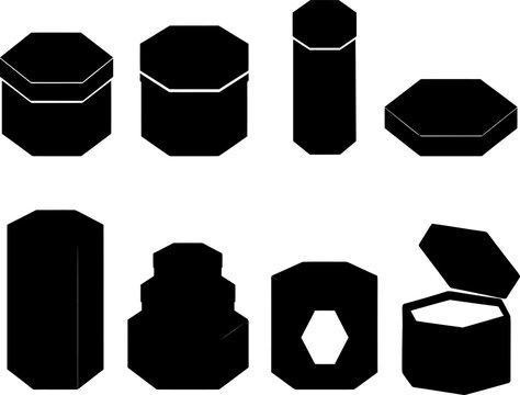 A collection of various black octagon shaped containers and boxes with white outlines isolated on a transparent background