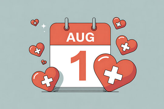 A digital illustration of a calendar marking August 1st surrounded by hearts with medical crosses on a soft hhh background