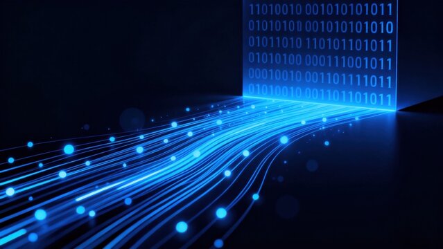 Blue binary data streams with glowing dots