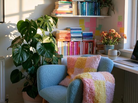 Cozy home office corner featuring a blue armchair, colorful bookshelves, a potted plant, and a laptop on a desk with a warm sunlight glow illuminating the space