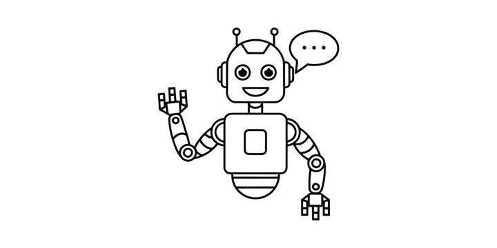 Friendly cartoon robot waving hello and talking with a speech bubble, simple line art vector illustration Vector, illustration