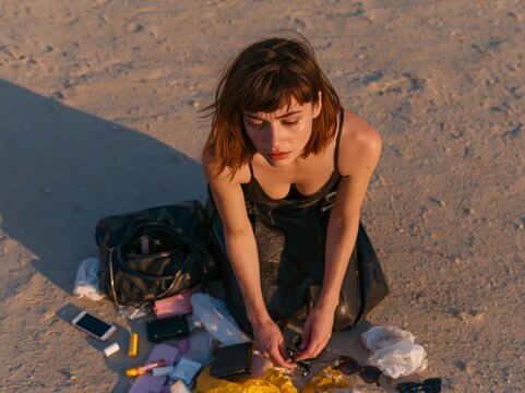 Woman kneeling on sandy ground, surrounded by personal items including bags and mobile phones, with sunlight illuminating the scene and a focus on her engaged expression