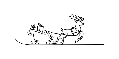 Simple line art of a reindeer pulling a sleigh with gifts, continuous line drawing © Jotish_Design Store