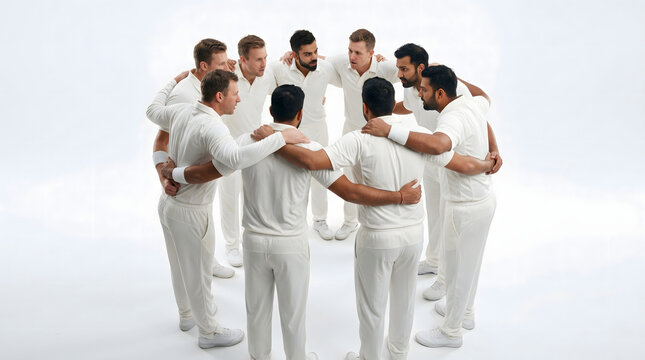 Professional Men's Cricket Team in White Uniforms Forming a Huddle Isolated on White Background