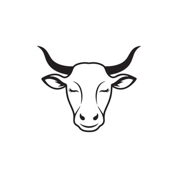 Minimalist cow head icons, black and white cattle silhouettes, set of 6 livestock vector symbols for dairy farm branding and organic meat logos