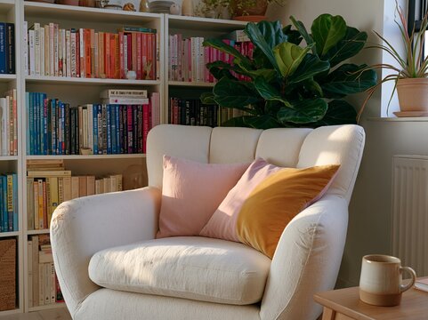 Cozy living room corner featuring a plush white armchair with colorful cushions, surrounded by a bookshelf filled with various books and indoor plants