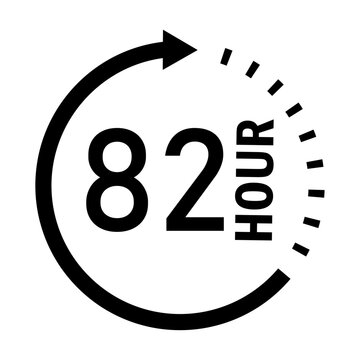 82-hour service timer icon, black circular arrow with eighty-two hours text, minimalist time management vector for delivery and logistics