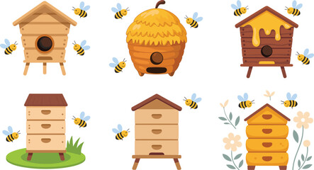 Wooden Beehive and Honey Apiary Vector Icon Set with Flying Honeybees and Garden Flowers for Organic Beekeeping Agriculture and Healthy Product Branding Designs © Sanjida