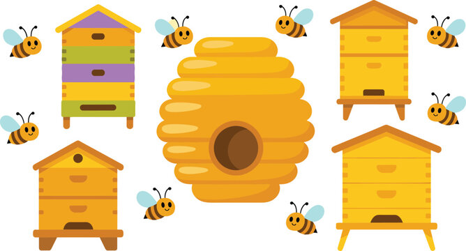 Cute Wooden Apiary Beehive and Straw Skep Vector Set with Flying Cartoon Honeybees for Organic Beekeeping Farm Agriculture and Sweet Honey Product Designs