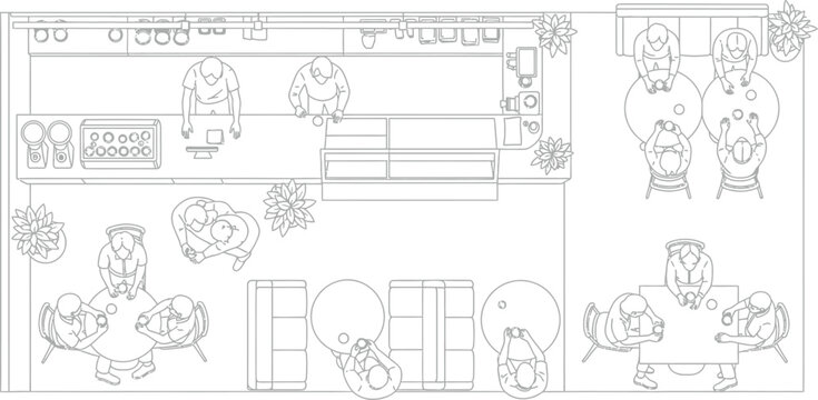Architectural floor plan of busy modern coffee shop with customers sitting at tables and baristas working behind counter in top down view line art vector illustration style