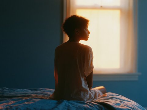 Person with short curly hair sitting on edge of bed in a softly lit room, sunlight streaming through a window, creating a warm atmosphere and highlighting the bedding
