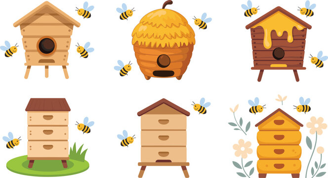Wooden Beehive and Honey Apiary Vector Icon Set with Flying Honeybees and Garden Flowers for Organic Beekeeping Agriculture and Healthy Product Branding Designs