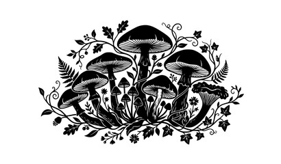 Decorative mushroom and vine silhouette artwork natural botanical vector illustration © MD