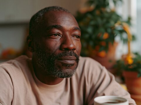 Black man with beard sitting at table holding a cup, indoor setting with plants and warm lighting creating a cozy atmosphere