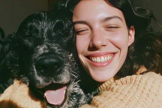 Close up candid of white woman smiling with eyes closed while holding a black and white dog, warm lighting highlighting their joyful expressions