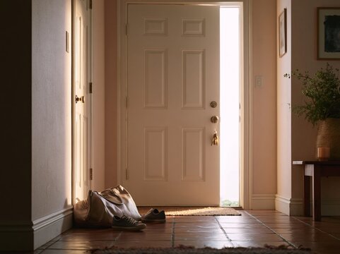 Front hallway with open door, natural light illuminating tiled floor, a bag and shoes placed near the entrance, and a small table with a plant in a cozy home setting